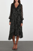 תמונת כל הלוק של Wrap Silk Dots Midi Dress in Black